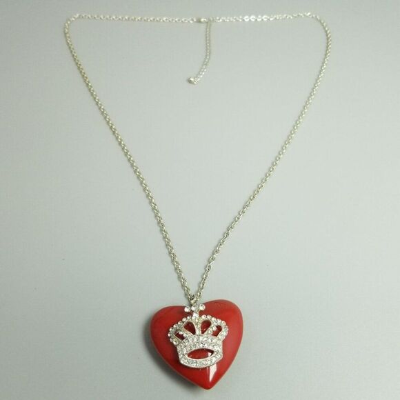 Vintage Red Heart with Rhinestone Crown Pendant and Long Chain Adjustable Length - Picture 10 of 10
